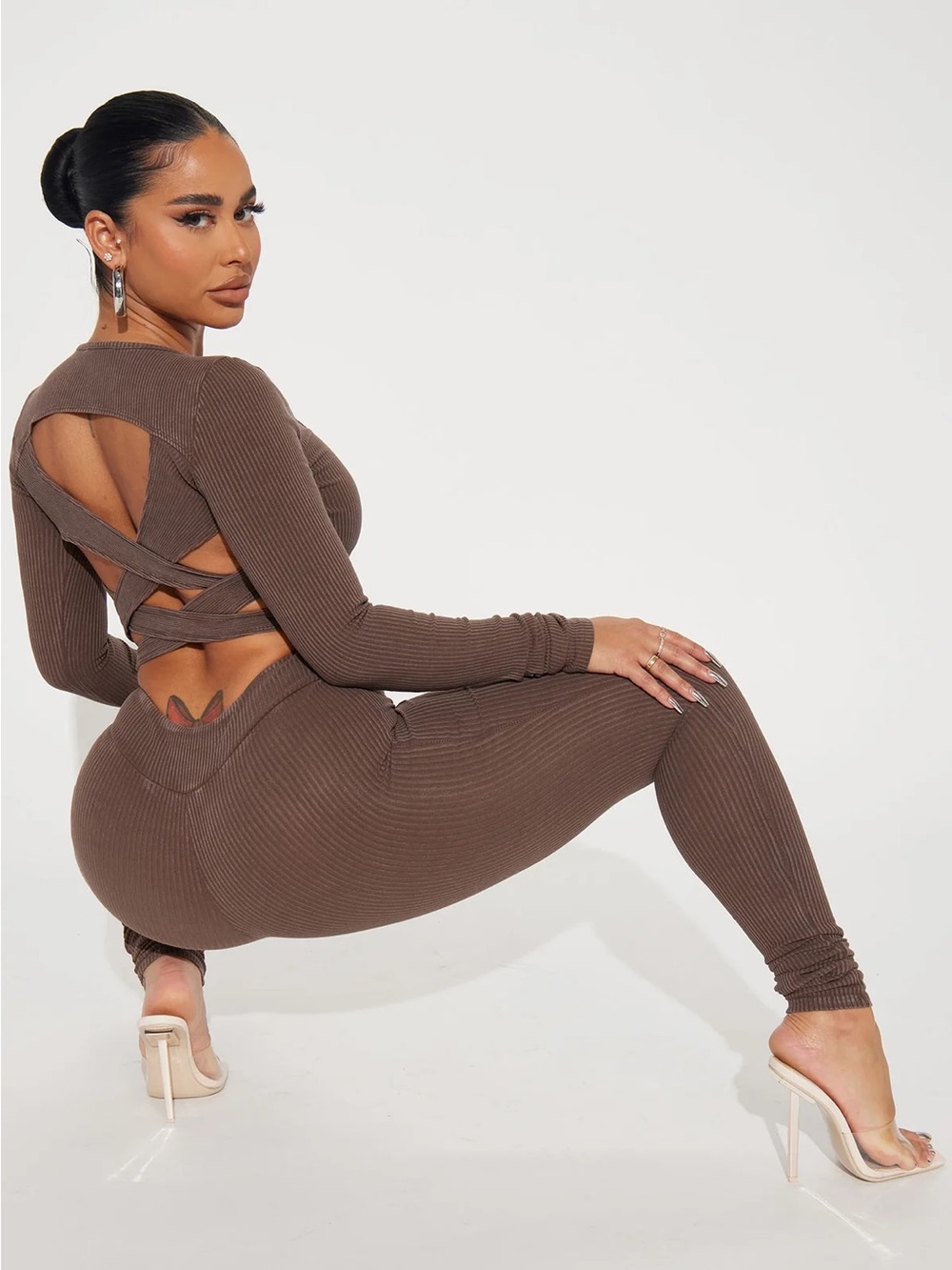 NWOT Fashion Nova Brown Acid Wash Back-Cutout Two-Piece Set